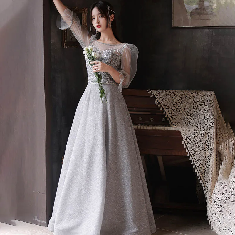 

Gray Evening Dress O-Neck Empire Half Sleeves Luxurious Floor-Length Backless A-Line Sequins New Woman Formal Party Gowns A1841