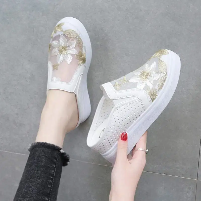 Shoes Slippers Flat Med Slides Cover Toe Women Heels Pantofle Platform High 2024 Scandals Fretwork Rubber Embroider PU Floral