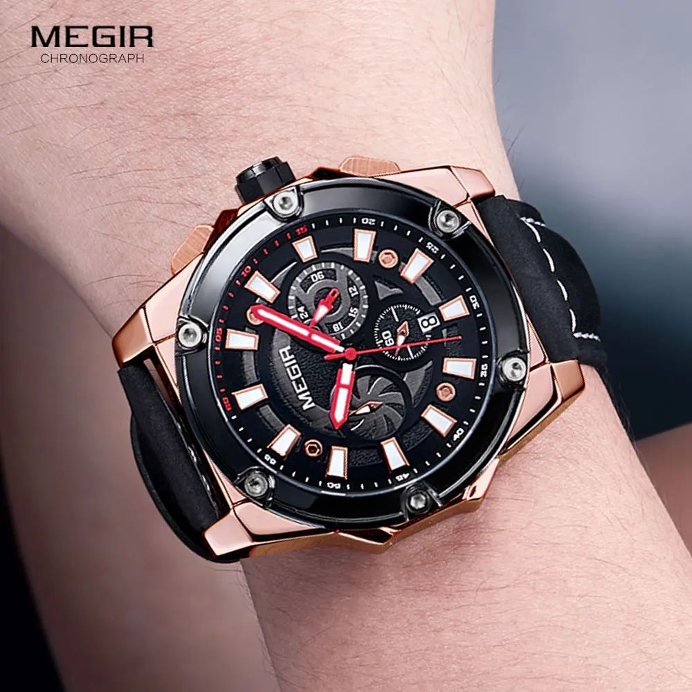 MEGIR Military Sport Watches for Men Fashion Leather Strap Luminous Wristwatch Man Chronograph Quartz Watch Relogio Montre Reloj