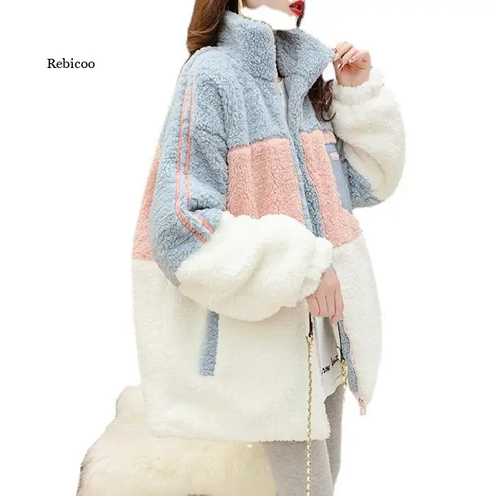 Female Casual Loose Long Sleeve OuterwearWinter New Warm Plush Furry Women Jackets Fashion Patchwork Zipper Pocket Hooded Coats