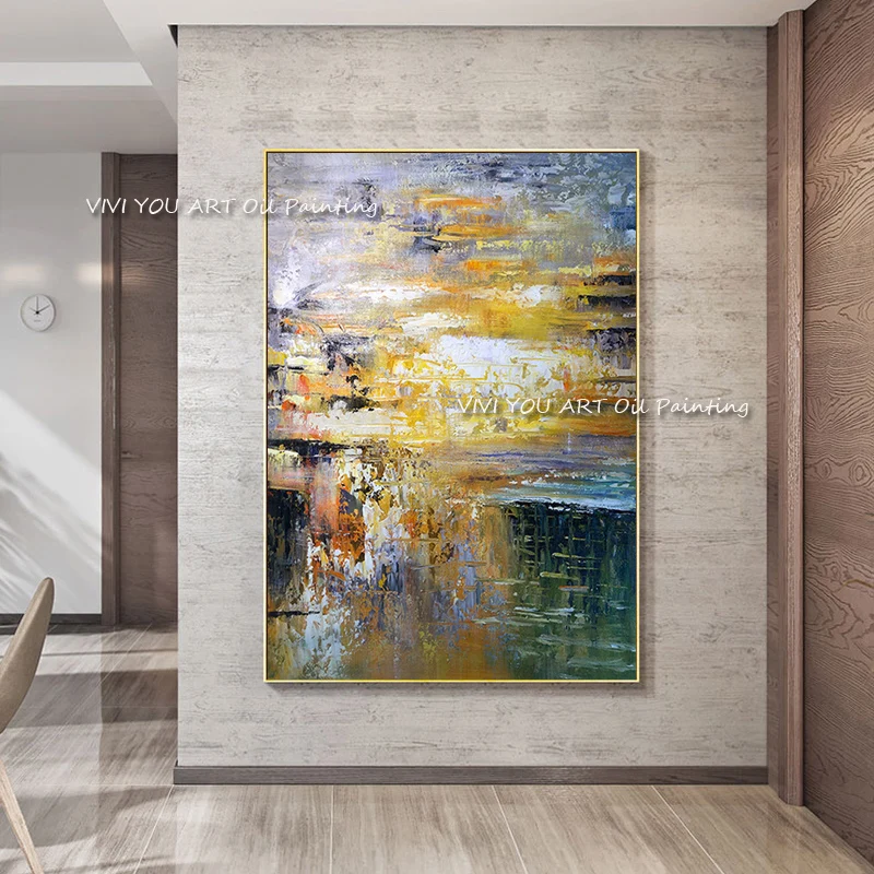 Large 100% Handmade Abstract Ocean Canvas Yellow Blue Grey Black Oil Painting Large Size Wall Art Orange Painting As A Gift