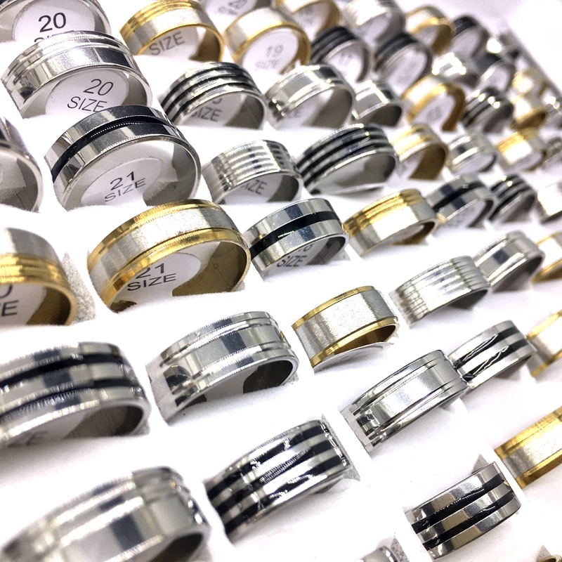 Wholesale 50pcs Mens Womens Rings Stainless Steel Mix Styles Stripe Fashion Jewelry Finger Ring Size 17-21mm Dropshipping