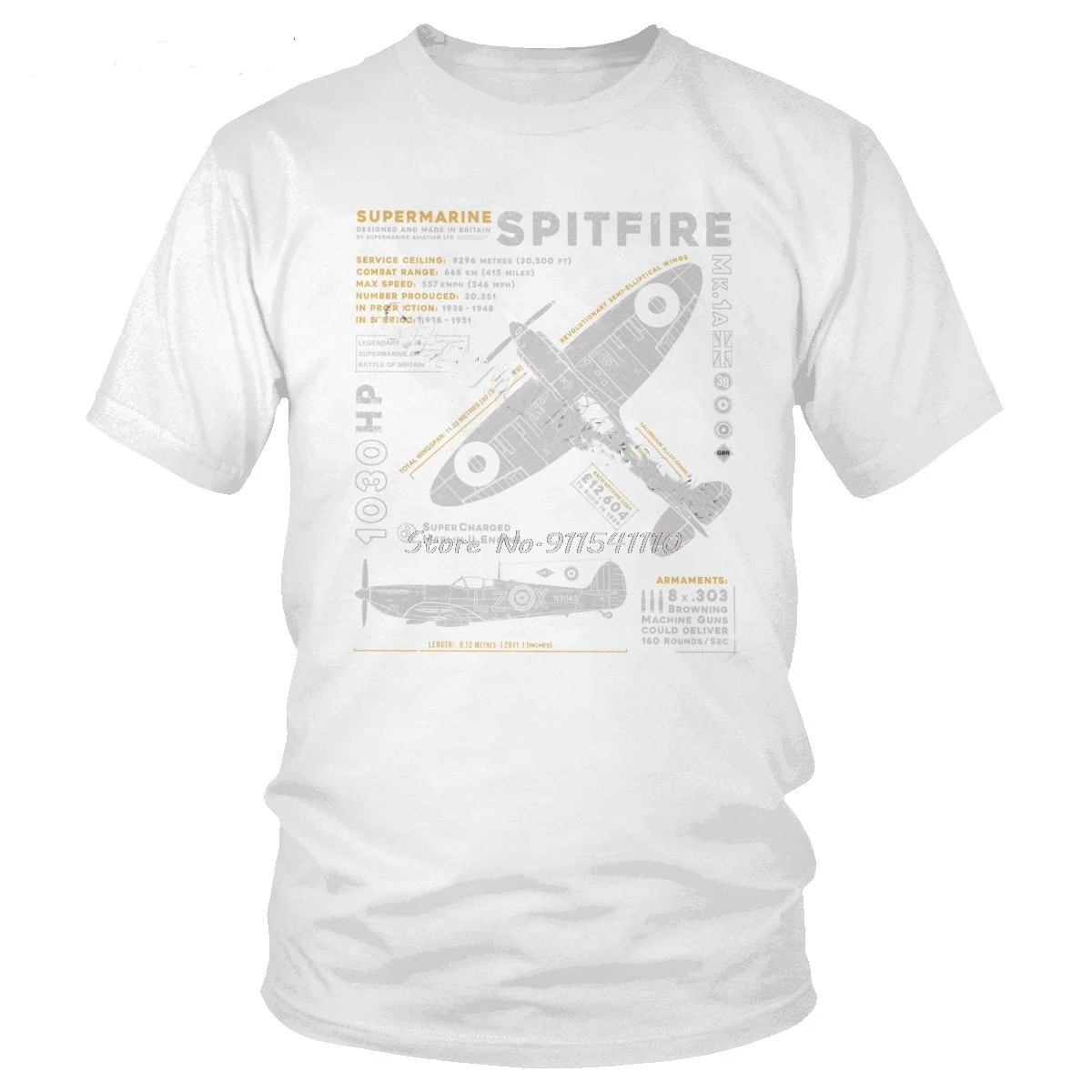 Vintage Supermarine Spitfire MK 1 T Shirt Men Cotton Tee Short Sleeve Fighter Plane War Pilot Aircraft Airplane T-Shirt Gift