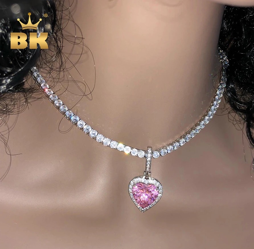 THE BLING KING Heart Crystal Pendent Necklaces Iced Out Pink Cubic Zirconia Charm Necklace For Women Fashion Hiphop Jewelry