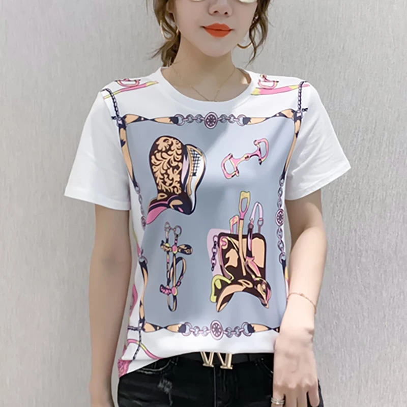 

Tops Women 2022 T-shirts Short Sleeve Woman Tshirt Korean Fashion O Neck Cause Summer New White Pactwork Women's Tee Shirt Femme