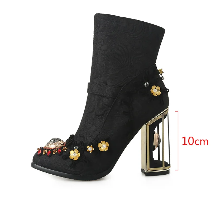 Phoentin Ethnic style embroidered short boots Women's Crystal Ankle boot Autumn winter luxury High Heels Shoes size 43 FT1671