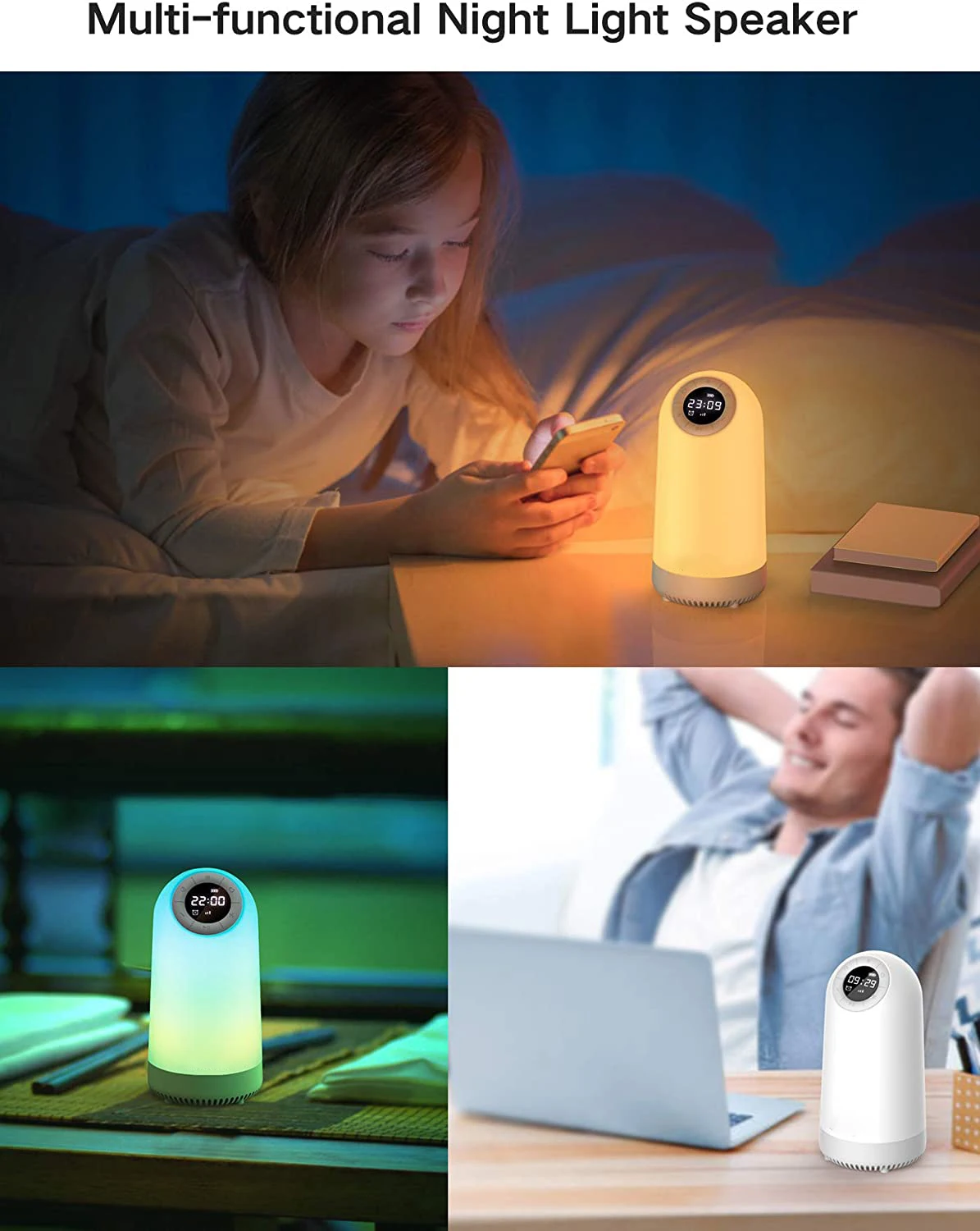 Veilleuse LED intelligente colorée, réveil, Bluetooth, haut-parleur musical, commande tactile, lampe de chevet pour adultes et enfants, cadeaux de noël