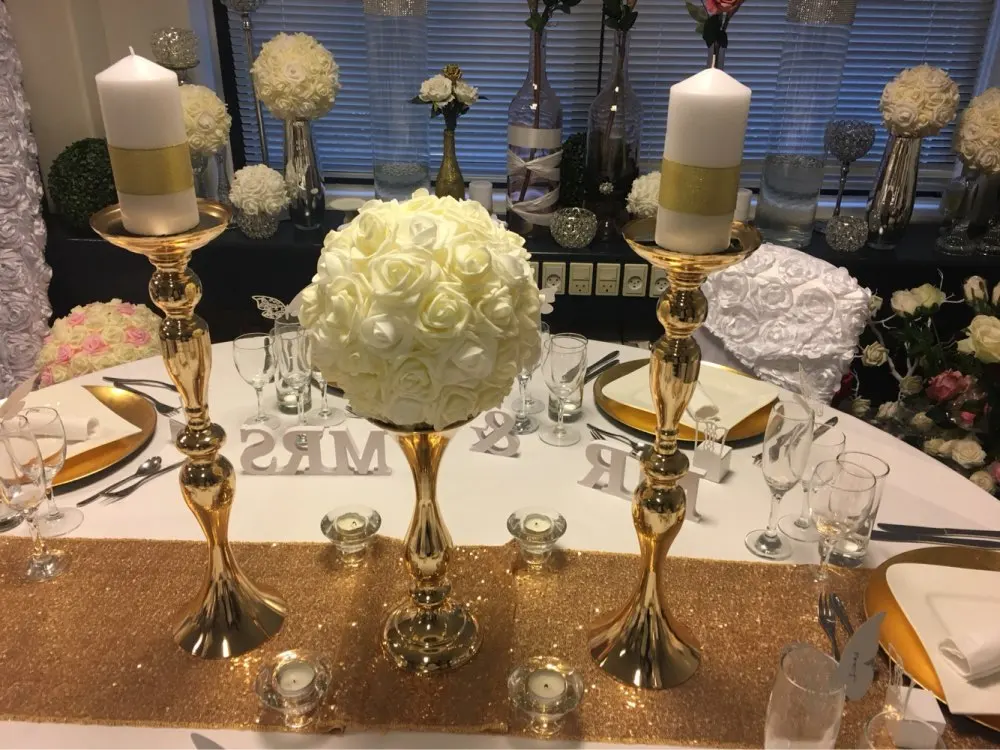 12pcs )Gold Reversible Flower Ball Stand Pillar Wedding Candle Holder senyu0843