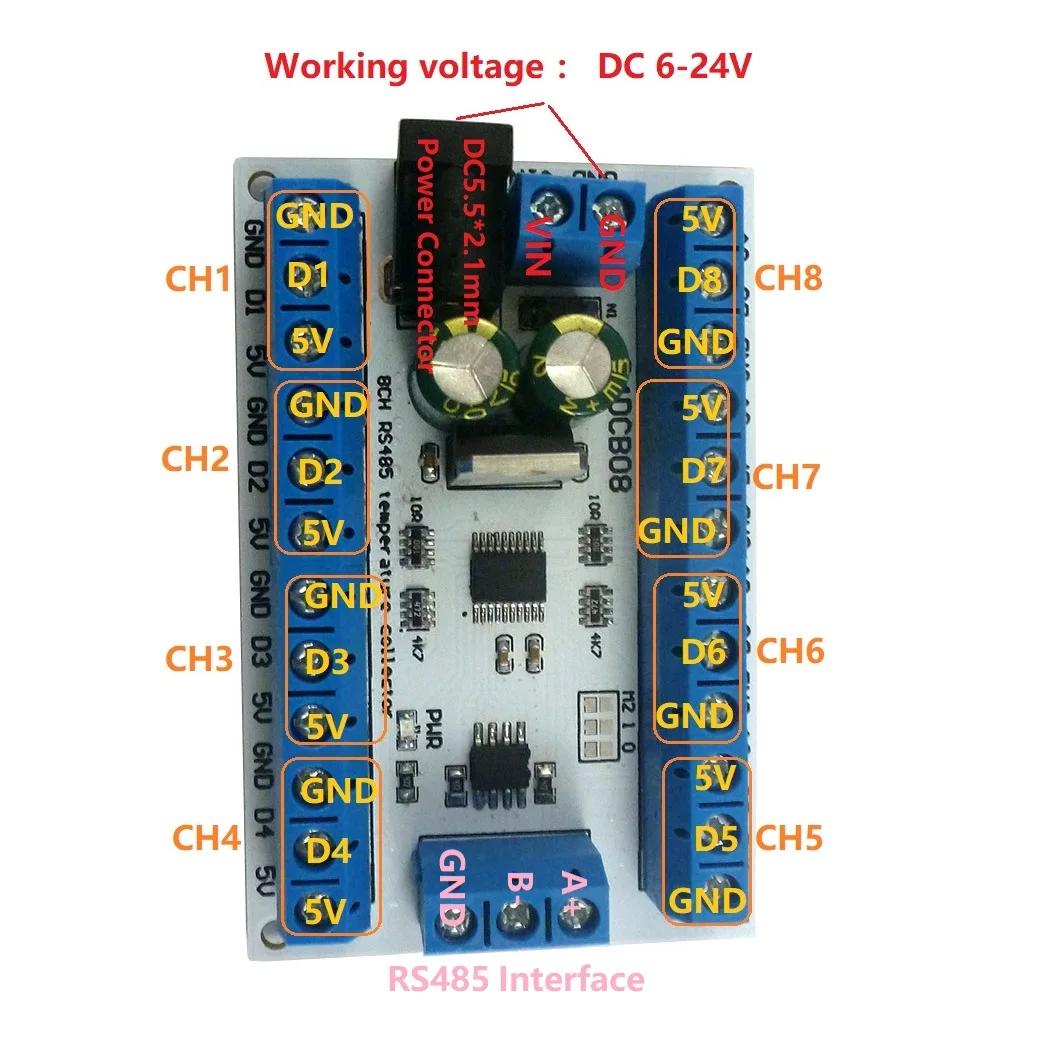 Scheda di acquisizione remota del sensore di temperatura 8Ch e Kit sonda impermeabile DS18B20 da 8 pezzi