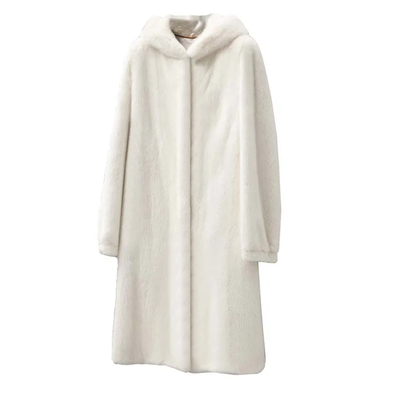 겨울 새로운 XL M-6XL 밍크 긴 무릎 코트 여성 모조 벨벳 후드 여성 파커 모피 코트 외국 가스