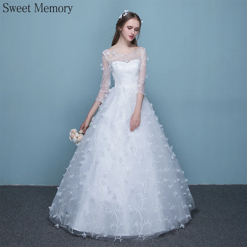 A8138 Sweet Memory Bruid White Lace Up Illusie Mouwen Gloor Lengte Trouwjurk Zwangere Vrouwen Hoge Taille Lange Trouwjurken