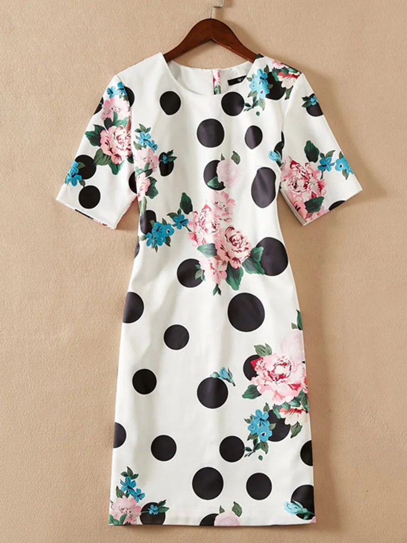 

Flower Print Owmen Sheath Dress Polka Dot Short Sleeve Round Neck Casual Dresses