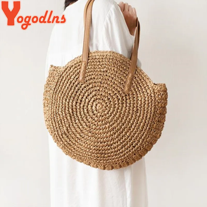 Yogodlns New Round Straw Bags Women Summer Rattan Bag Simple Style Handmade Woven Beach Knitted Bag Circle Bohemia Handbag Bali