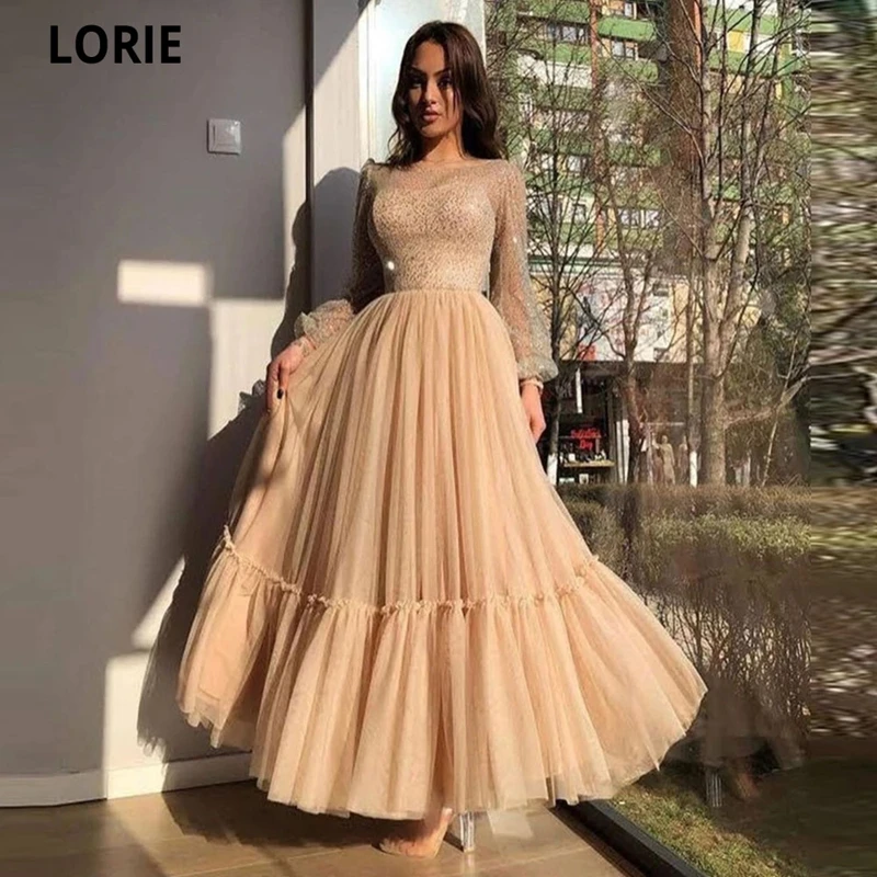 LORIE 2024 Modest Champagne A Line Prom Dresses Sparkly Long Sleeves Sheer Scoop Ankle Length Formal Evening Gowns Customized