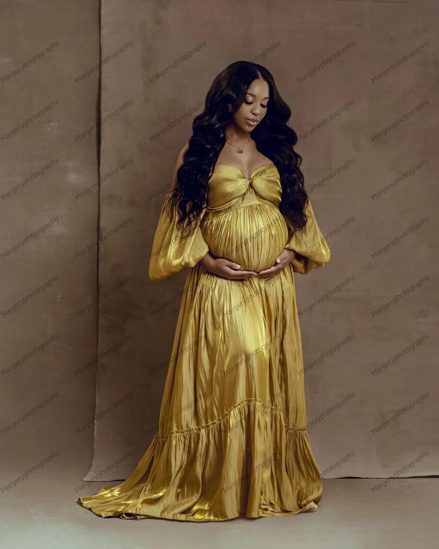 Charm Sweetheart Taffeta A Line Pregancy Dress Puff Half Sleeves Draped Floor Length Maternity Gowns Gold Off The Shoulder