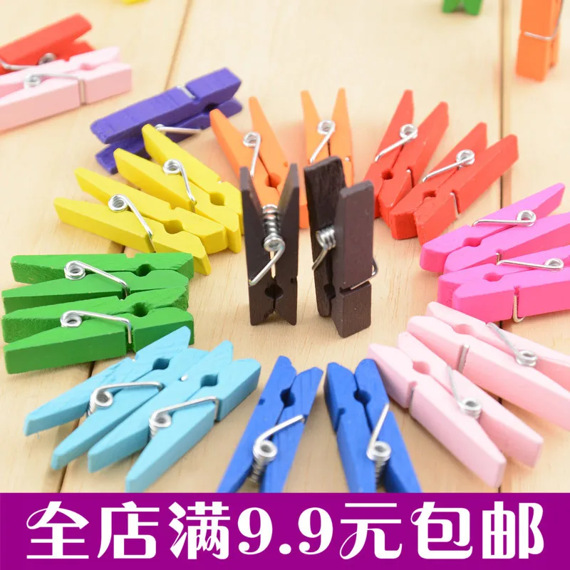 100 Pcs 3.5 Cm Color Wooden Clip Photo Clips Hemp Rope Paper Peg Pin Photos School Office Clips Party Decoration