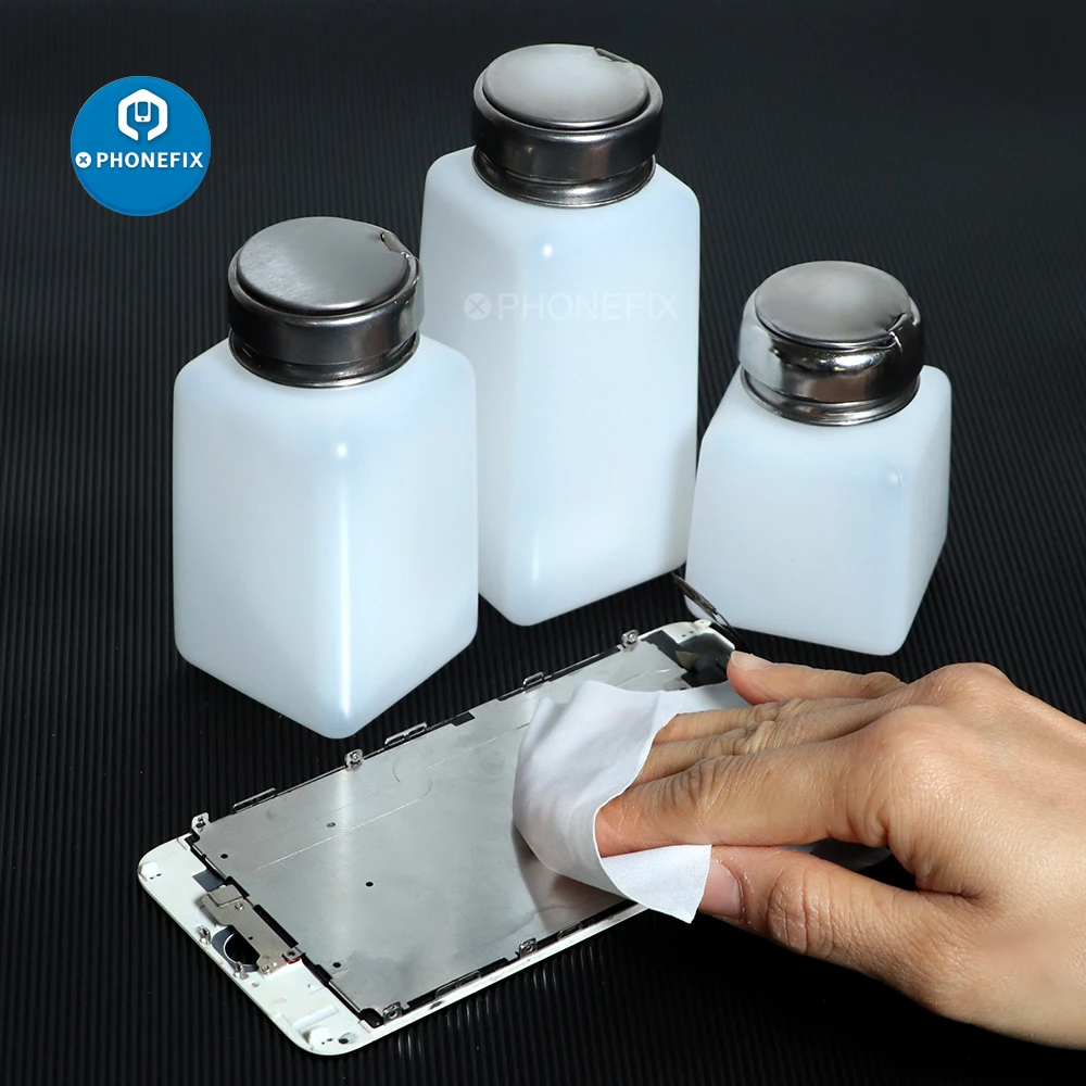 Bottiglia di alcol in plastica liquida antistatica pulita da 200 ml/250 ml con tappo di bottiglia in acciaio inossidabile per la riparazione di pulizia del telefono cellulare