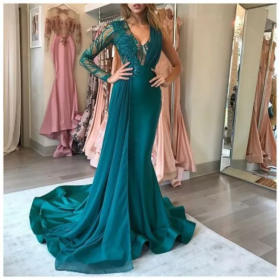 Formal Evening Dresses Mermaid Satin Emerald Green One Shoulder Sheer Long Sleeve Appliques V-Neck Prom Gala Long Gowns