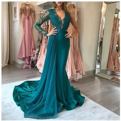 Formal Evening Dresses Mermaid Satin Emerald Green One Shoulder Sheer Long Sleeve Appliques V-Neck Prom Gala Long Gowns