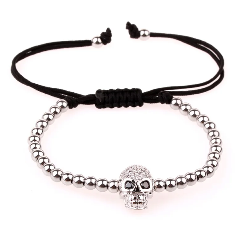 Classic Design Stainless Steel Beads CZ Pave Skull Charm Macrame Bracelet Men Women