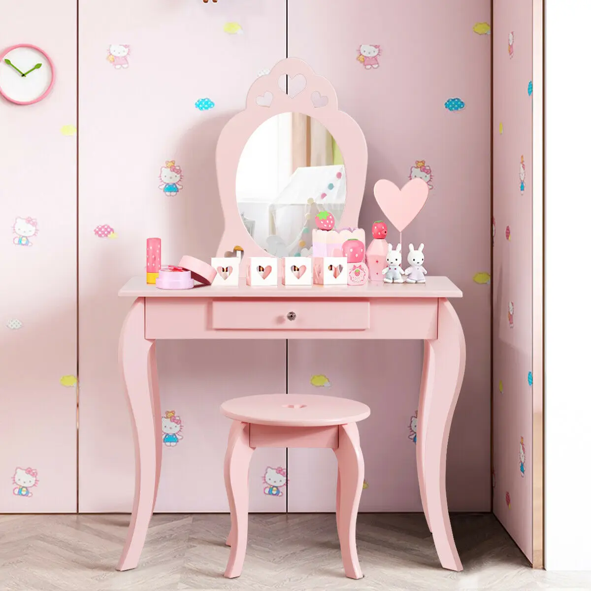 Kids Vanity Set Princess Makeup Dressing Play Table Set W/Mirror for Girls Pink  HW64356PI