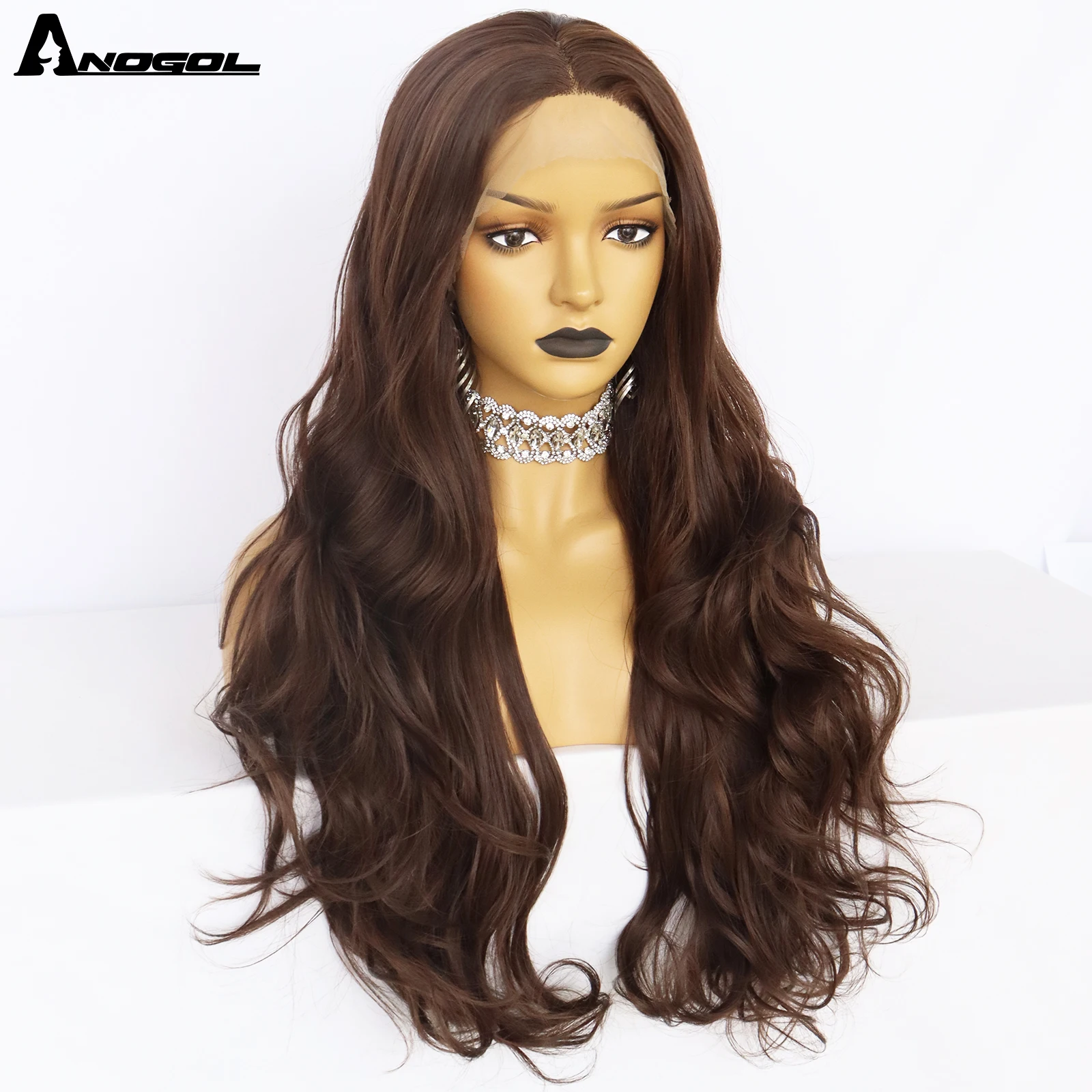 Anogol Dark Brown Synthetic Lace Front Wig Wave Wigs Straight Wigs Heat Resistant Fiber Synthetic Cosplay Daily Wigs For Women