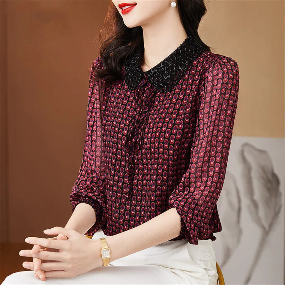 Spring Autumn Women Dots Print Chiffon Shirits Blouses Long Sleeve Doll Collar Casual Ladies Elegant Tops Blusas MM1503