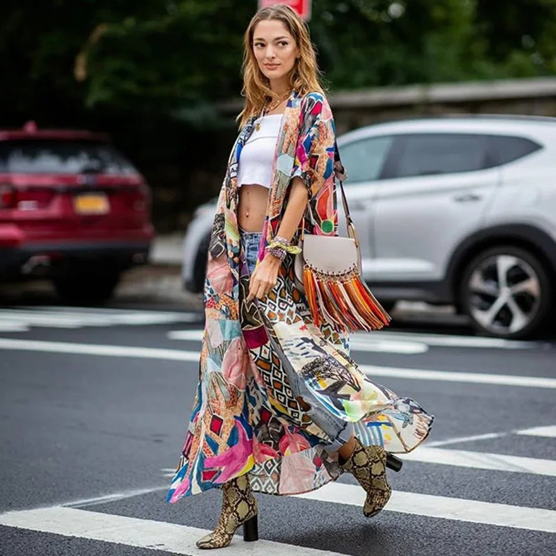 

TEELYNN Cotton Kimono Cardigan Women Long Blouse Shirt 2020 Vintage Floral Printed Summer Robe Tunic Tops Boho Beach Cover Up