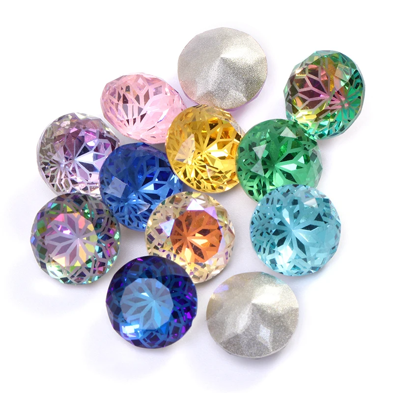 New Arrival 14mm Round Rhinestones Pointback Glass Rivoli Crystal Strass Flower Printing Inside Shiny Glue On Stones