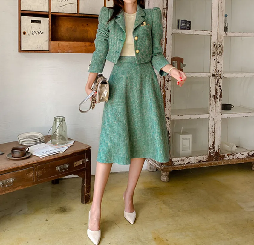 New Autumn Winter Two Piece Set Women Fashion Notched Collar Green Short Blazer Jacket + High Waist Ball Gown Midi Skirt Suits