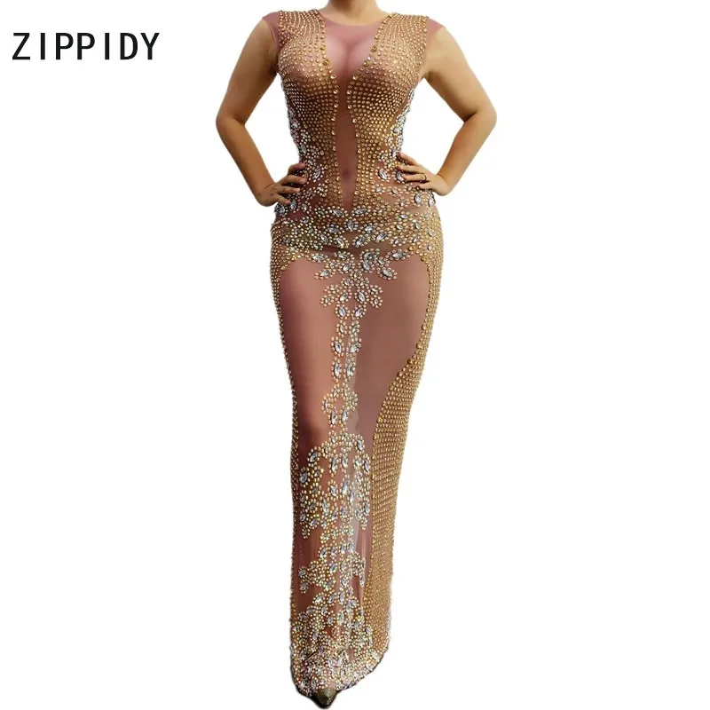 Bling Gold Silver Rhinestones Mesh Sleeveless Long Dress Women's Birthday Celebrate Dress Transparent Singer Prom Dresses