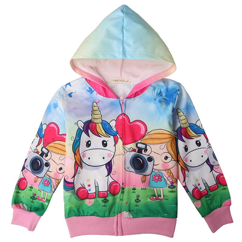 Cute Rainbow Unicorn Kids Jacket Hooded Zipper Children Outwear Cartoon Girls Jacket Spring Autumn Casual Thin Baby Girl Clothes image 3