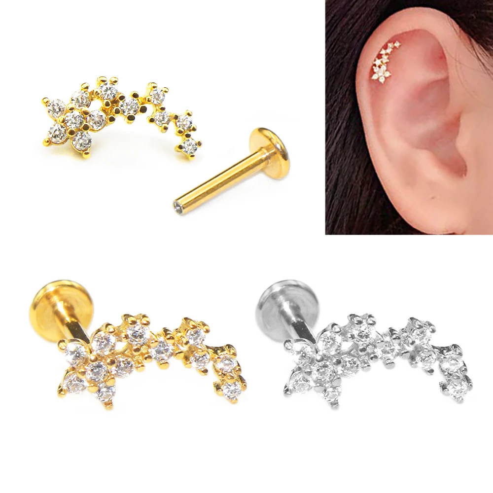 Kwiaty Piercing Labret z gwintem wewnętrznym/16g Chrząstka Tragus Stud Forward Helix Płaski tył Kolczyk Stal nierdzewna