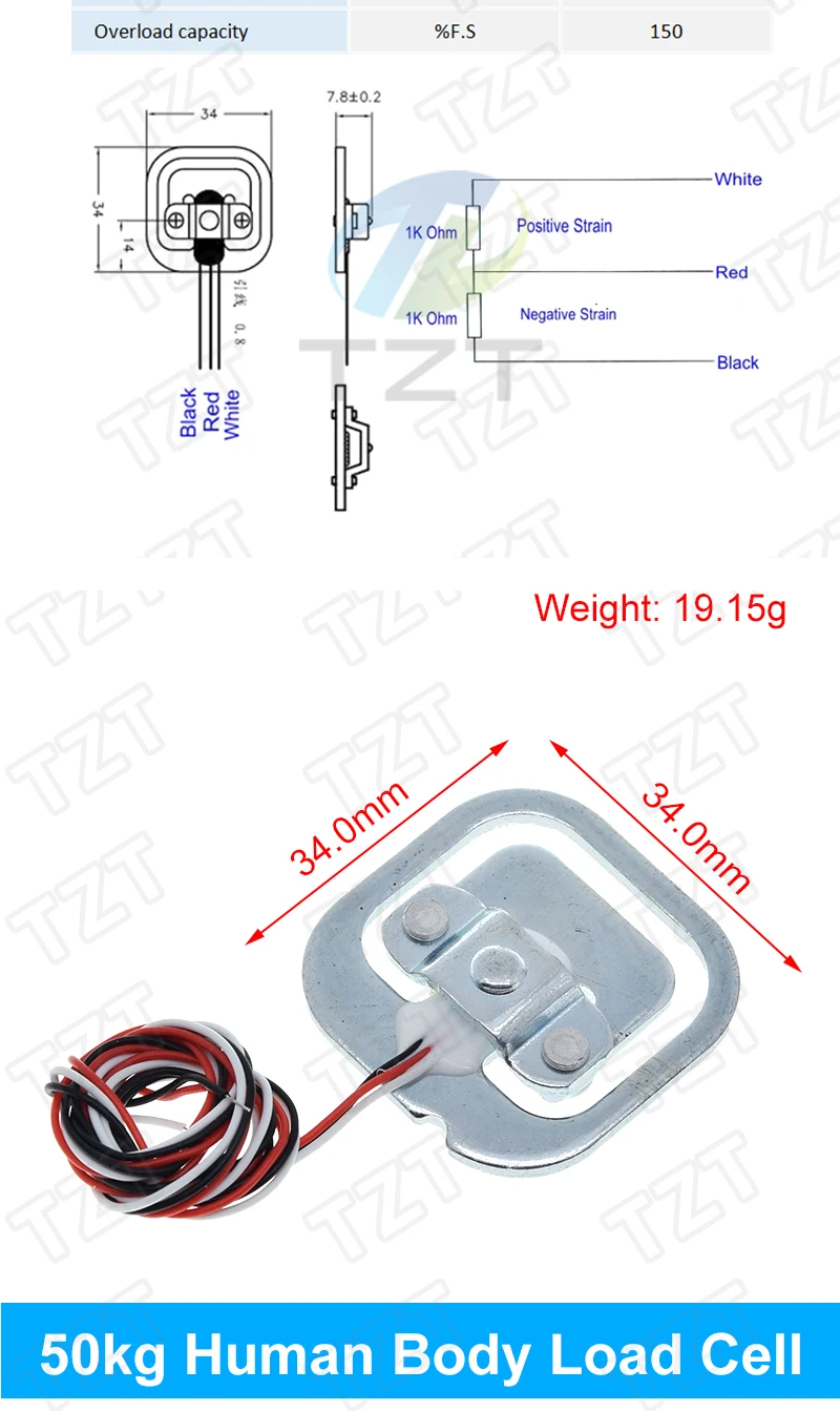 TZT HX711 AD Gewichtsmodul 1 kg 2 kg 3 kg 5 kg 10 kg 100 g Wägezellenmodul Wägedrucksensor Messwerkzeuge – Detail 2