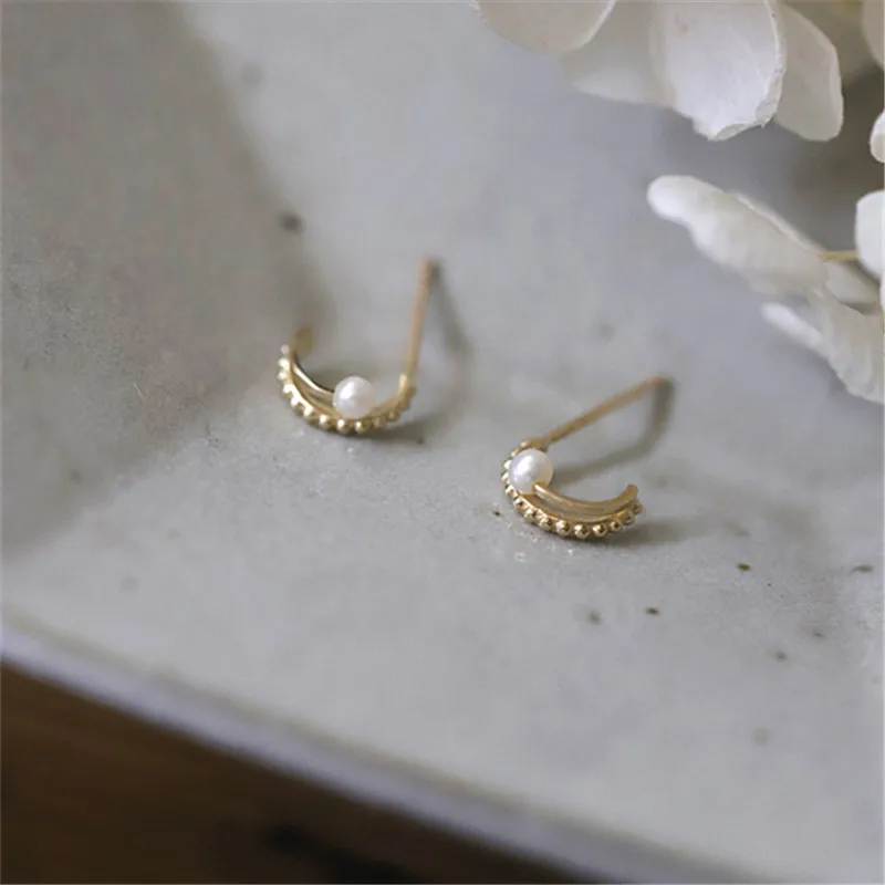 925 Sterling Silver Korea Simple Double Half Circle Small Pearl Stud Earrings Women 14k Gold  Plating Jewelry  Gift