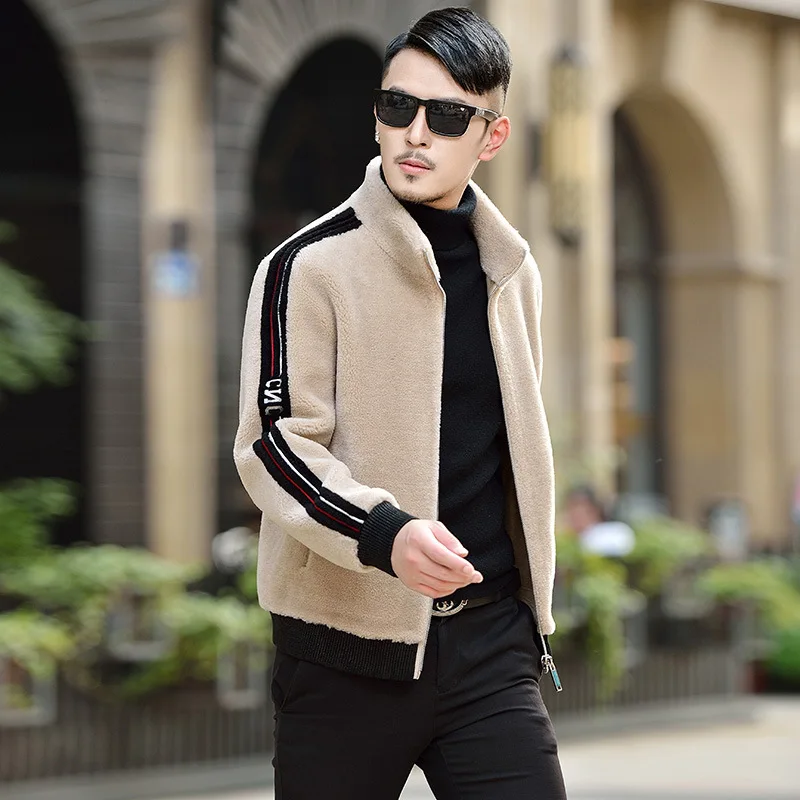 

Men's fur color-blocking embroidery thickened warmth stand-up collar fur one-piece slim-fit sheep shearing winter jacket