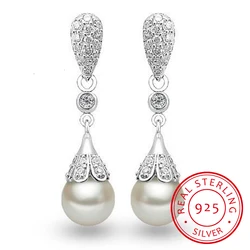 925 sterling silver Pearl Jewelry natural freshwater pearl drop earrings for women Silver Wedding Dangle Earring