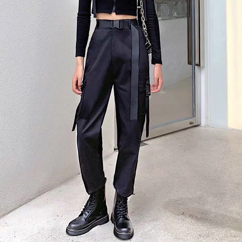 

Pantalones De Mujer Black Cargo Pants Women High Waisted Loose Baggy Joggers Pants Punk Harajuku Streetwear Trousers With Belt