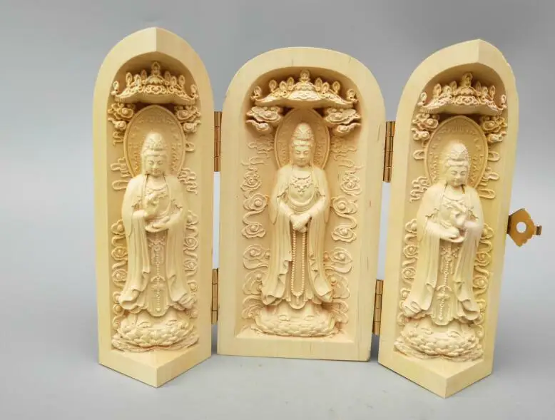 

Chinese Wood Carving Three West St Guanyin Buddha Statue