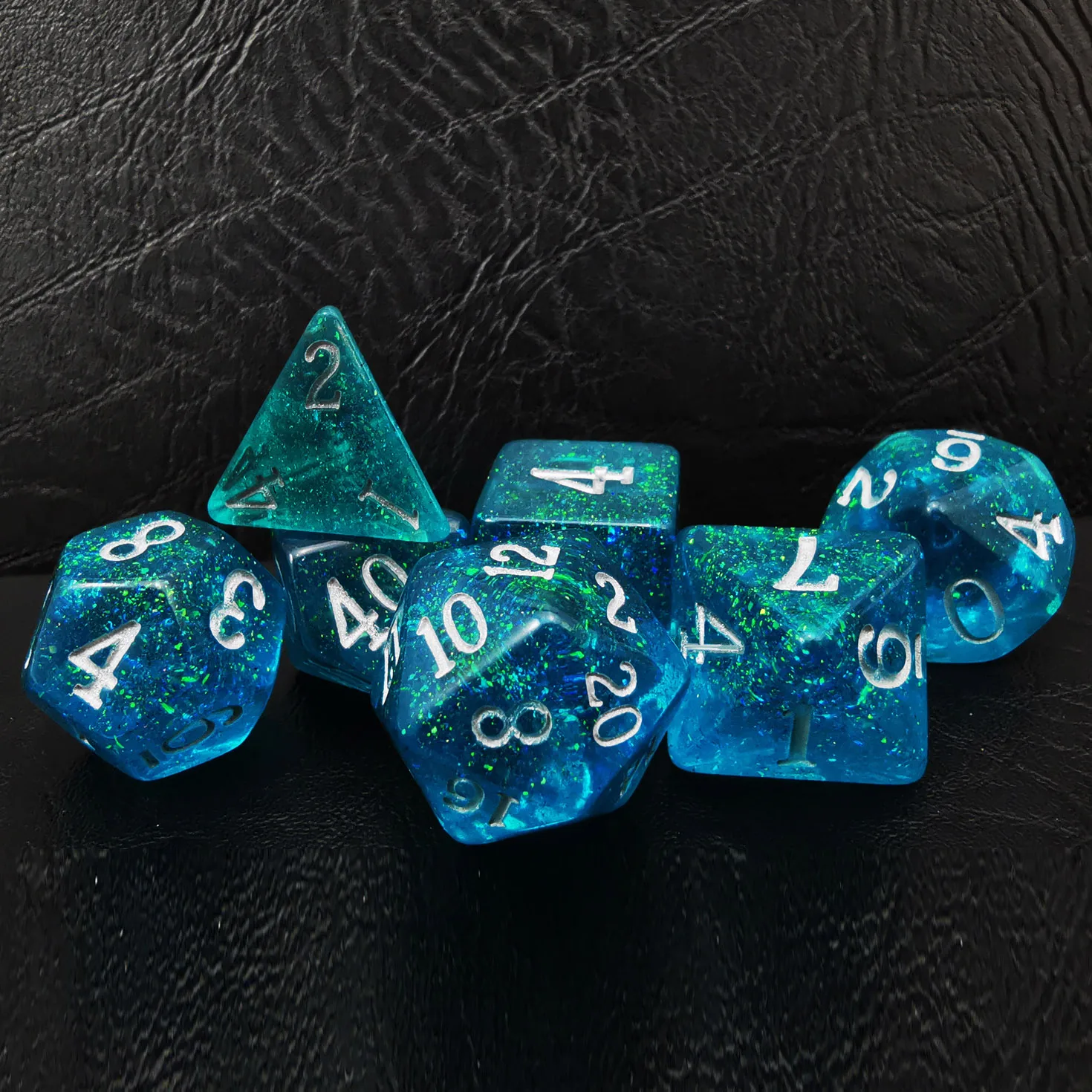 Bescon Blue Shimmery Dice Set,  Polyhedral RPG Game 7-dice Set in Brick Box Packing