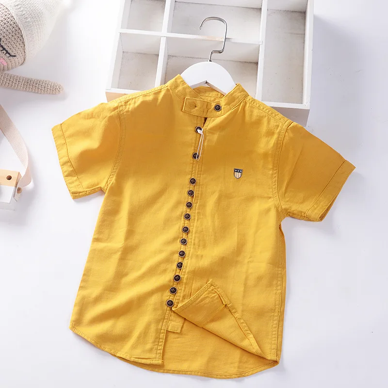 Teen Boys Yellow Shirt Cotton Linen Blend Teenager Tops Children Tshirt Summer Kids Clothes