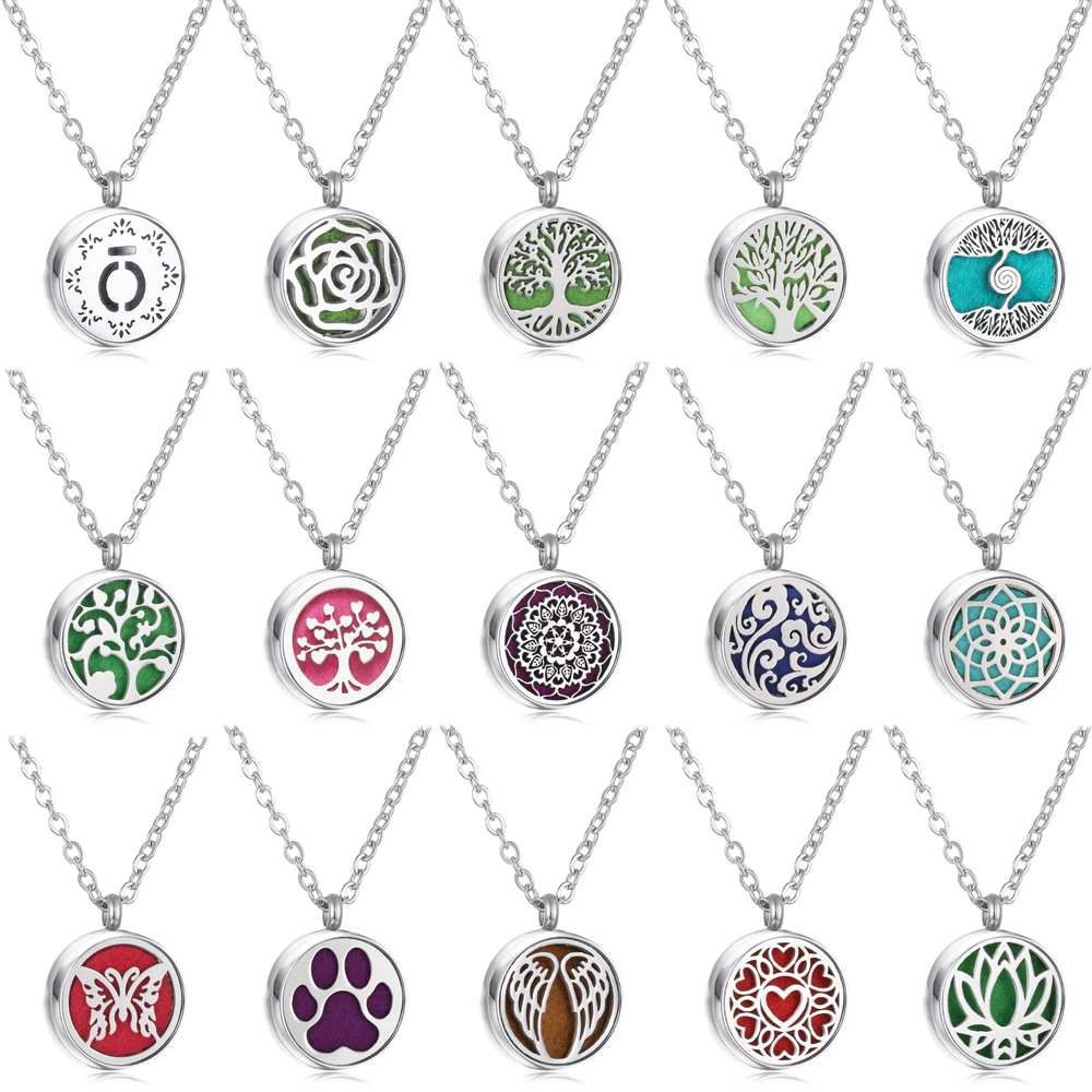 Stainless Steel Aromatherapy Essential Oil Diffuser Necklace Mini Tree Flower 12mm Locket Charm Aroma Perfume Pendant Necklace