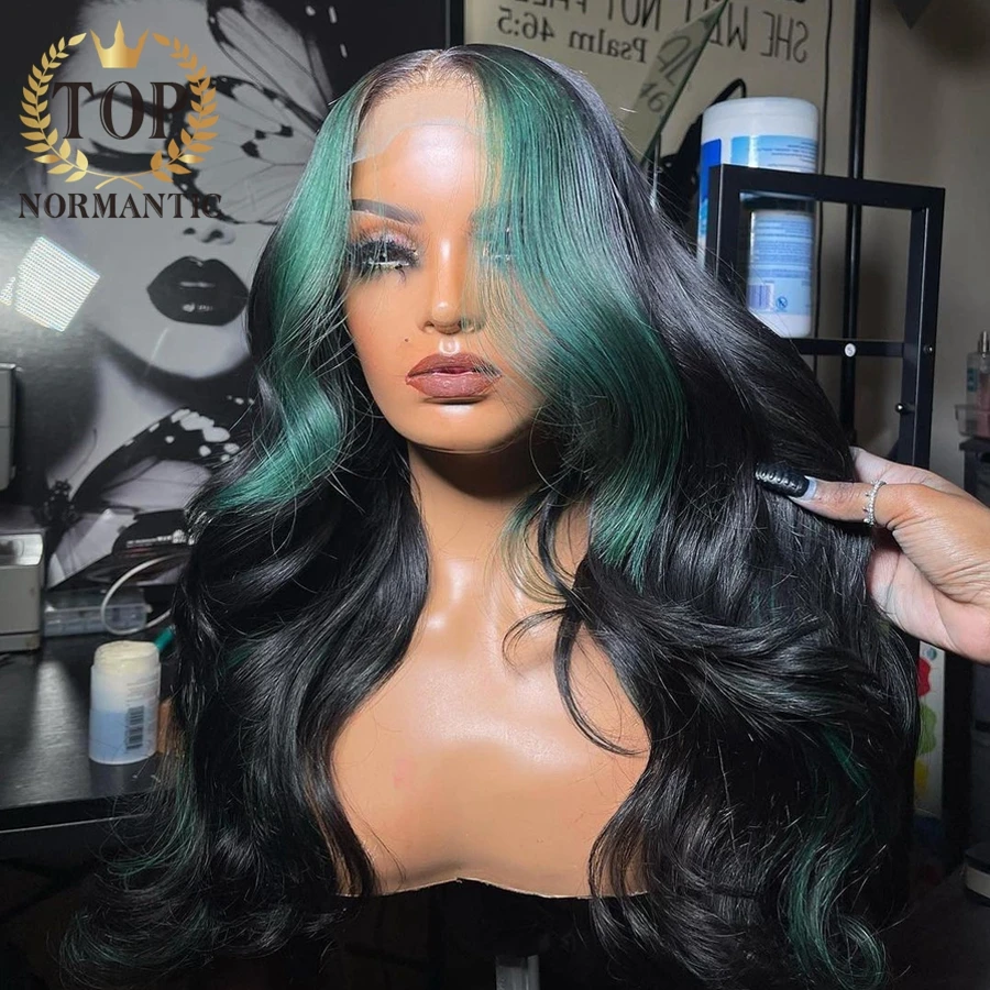 Topnormantic 13x6 Lace Front Body Wave Wigs Preplucked 4x4 Closure Remy Brazilian Human Hair Highlight Green Color Wig for Women