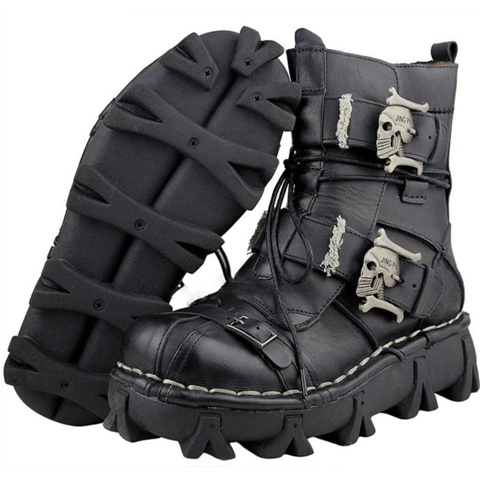 Genuine Leather Motorcycle Boots Buckle Lace Up Round Toe Platform Boots Winter 2023Thick Bottom Short Boots Skull Boots for Men