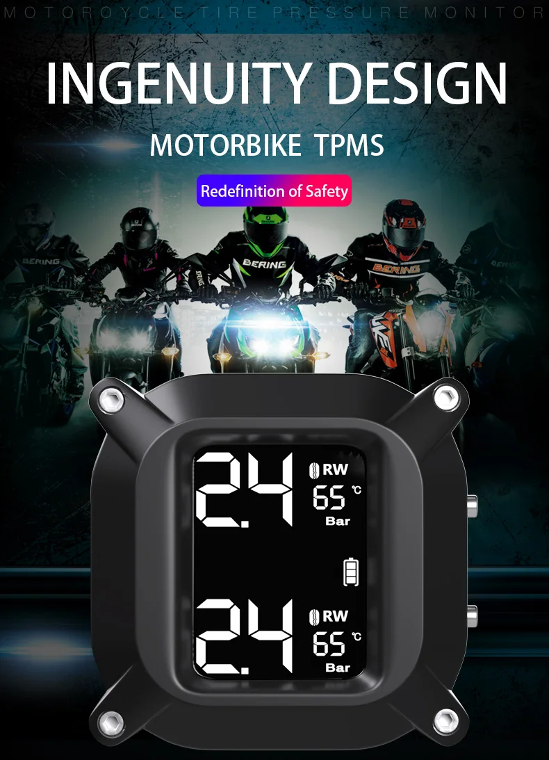 LCD Digital Display TPMS Alarm Motorcycle Tire Pressure Monitor Wireless High-Precision Electric Detector With Magnetic USB Por