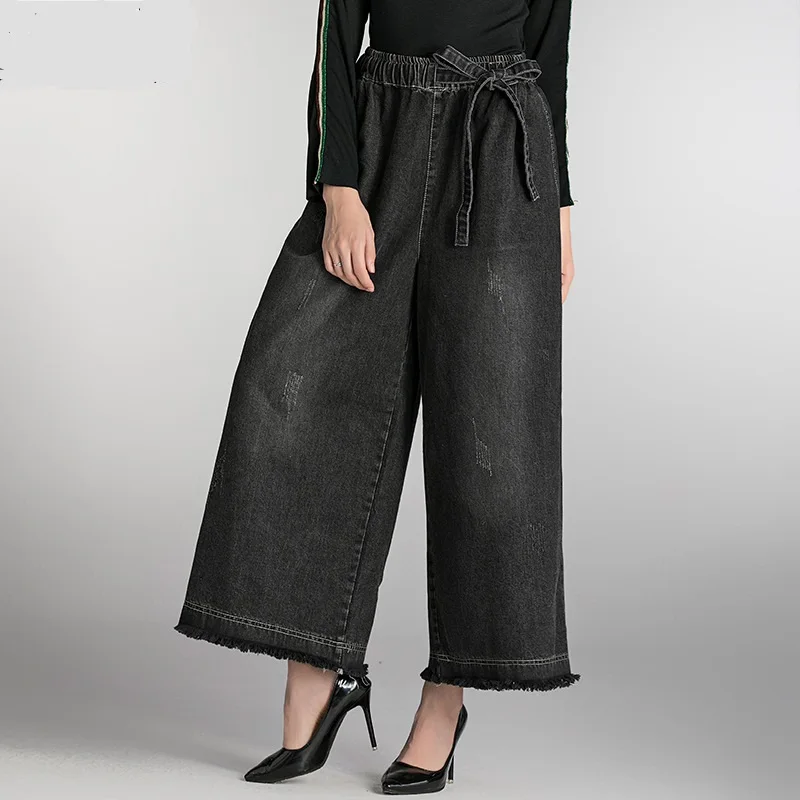 

Female new autumn and winter plus size berif and stylish slim burr tied bandwidth loose denim wide leg pants