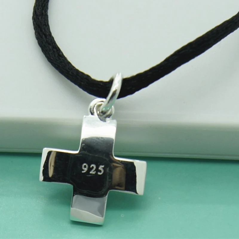 Religious Belief Cross Pendant Necklace 925 Silver Necklace Black Rope With Chain Men & Women Jewelry