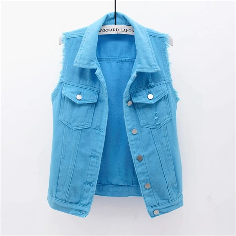 Autumn Women Plus size Denim Vest Sleeveless Waistcoat Students Casual Tops Jeans Jackets Red Pink Purple Yellow Blue White