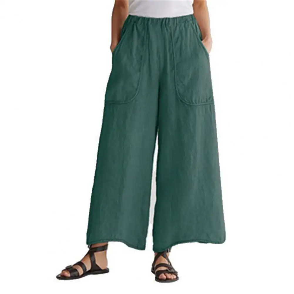 Summer Wide Leg Pants Women Slacks Mid Rise Solid Color Elastic Waist Long Pants Trousers for Office Women Pants