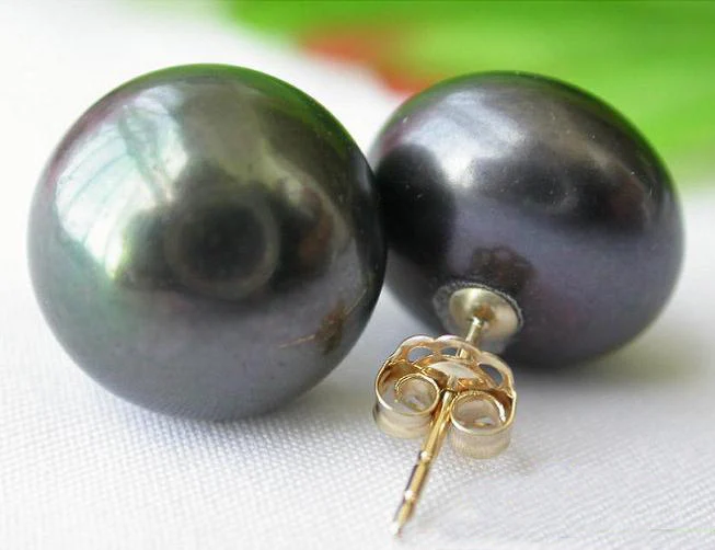 

New Arrival Favorite Pearl Jewelry 12mm Black Genuine Freshwater Pearl 14k/20 Gold Stud Earrings Birthday Party For Lady Gift